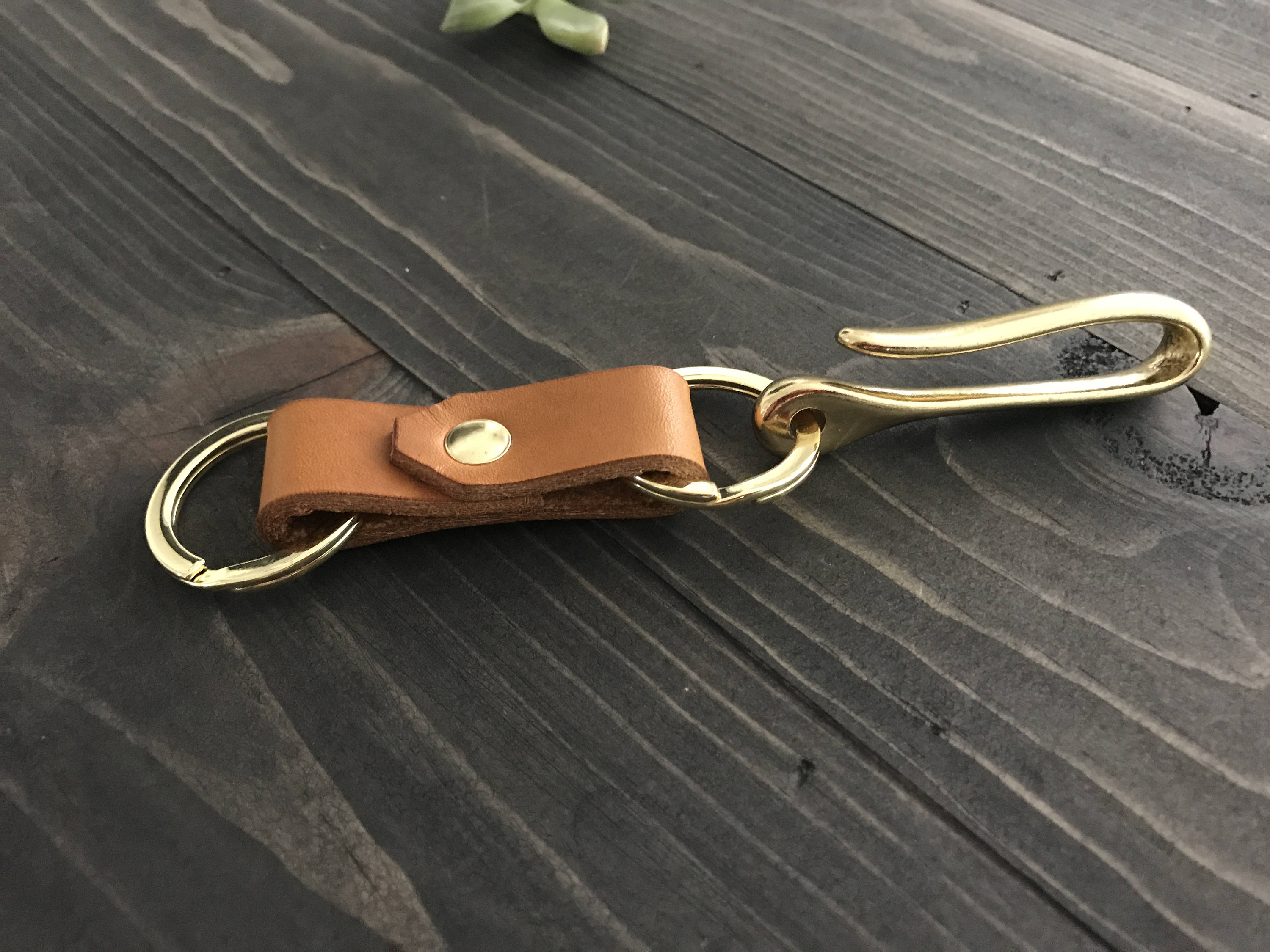 CaliberLeather Hemlock Mini Japanese Fish Hook - Personalized Keychain - Leather Tag and Brass Key Ring